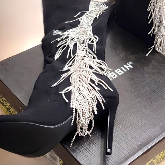 COBIN ROBBINS Blk w/Silver Fringe Rhinestones | Over Knee | Faux Suede Boots NWT - Picture 8 of 9
